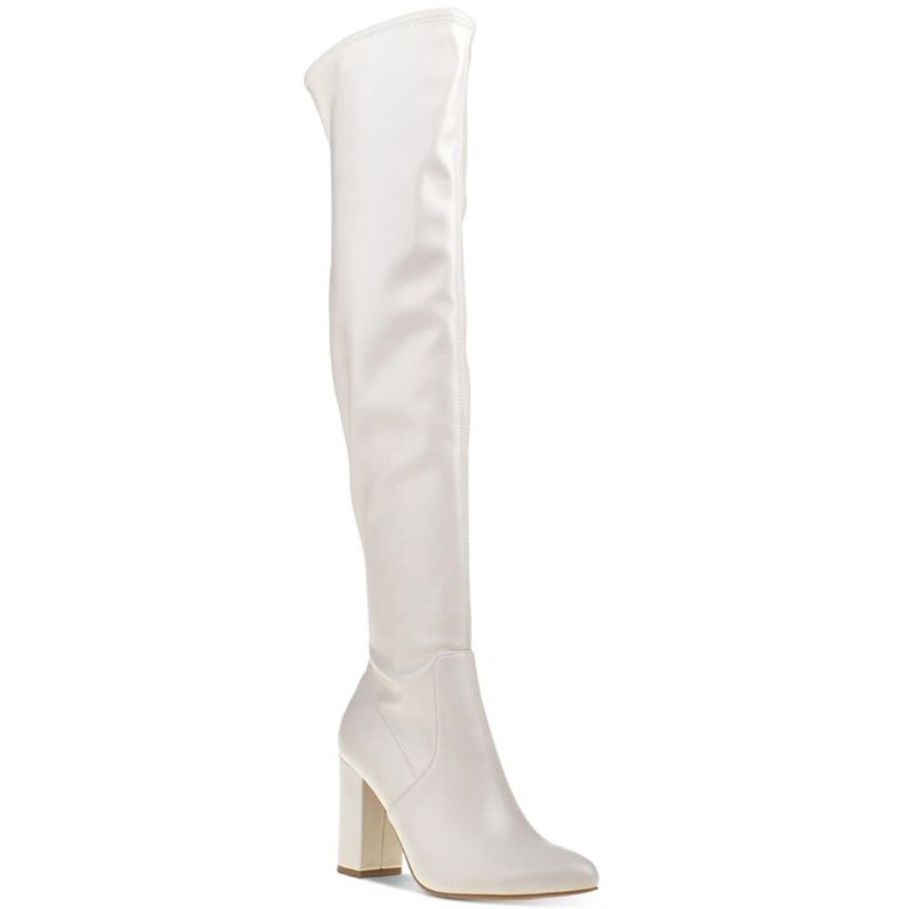 WILD PAIR Womens White Stretch Bravy Pointed Toe Block Heel Heeled Boots 7.5 M